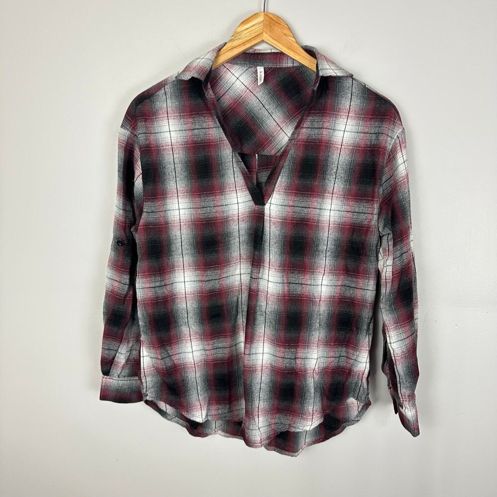 Halara Oversized Popover Plaid Collared Shirt XS NEW Red Graphite